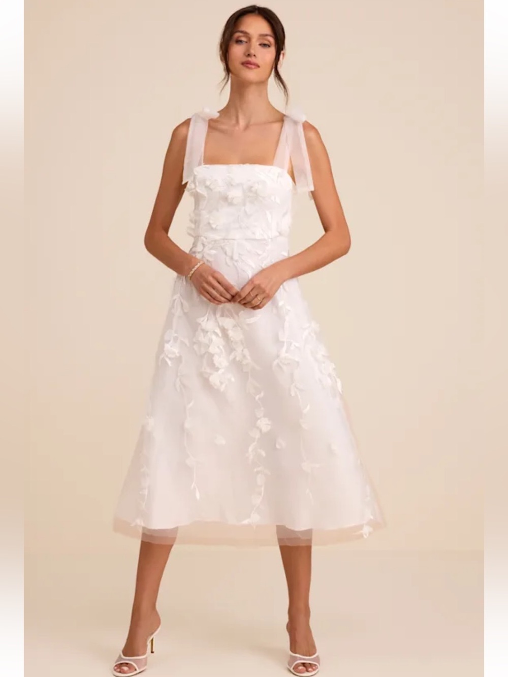 Lulu's White Floral Appliqué Midi Dress with Tie Straps